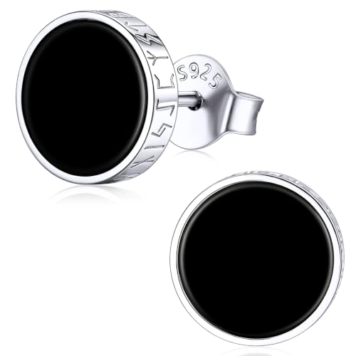 ChicSilver Earrings for Men 925 Sterling Silver Black Onyx Viking Rune Stud