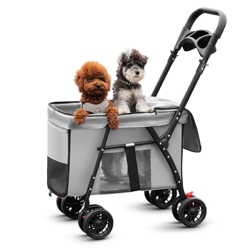 Kirnuoペットカート 犬用 犬用ベビーカー ペットバギー 折りたたみ式 犬 カート大型犬 多頭中小型犬・猫折りたたみ ペットベビーカー犬 軽量 組み立て簡単 通気 介護用散歩 おでかけ 通院 旅行 (グレー)