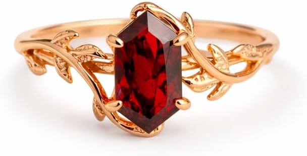 14K Rose Gold Hexagon Red Garnet Engagement Ring for Women Vintage Leaf Vine Bridal Ring January Birthstone Promise Ring Unique Anniversary Jewelry Gift for Her