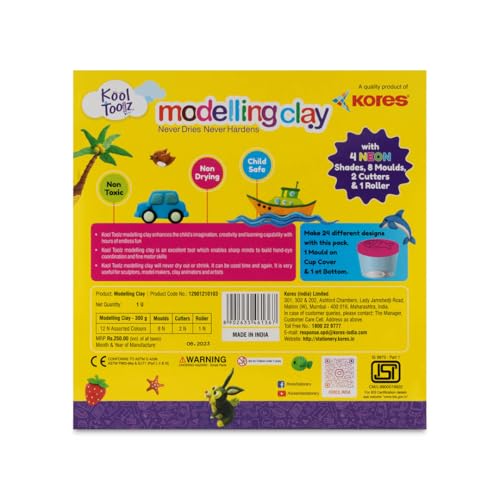 Image of Kores Kool Toolz Modelling Clay - 300g Pack | 12 Vibrant Shades Including 4 Neon Colors | 8 Moulds, 1 Roller & 2 Cutters | Ideal for Kids Aged 3+ | Perfect for Crafting & Return Gifts