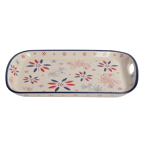 Temp-tations by Tara Serving Tray with Handles in Patriotic - 16 inch Large Coffee Table Trays, Ceramic Stoneware Serving Platter for Ottoman, Decorative Platters for Home Decor, Bar, Dinner, Counter  