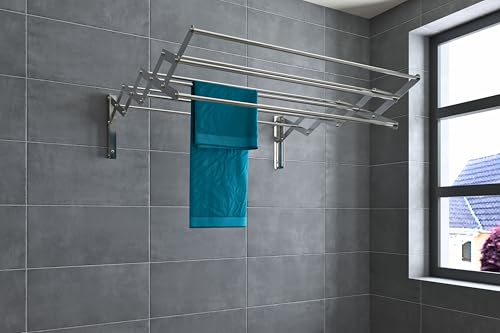 Image of Premium Heavy-Duty Stainless Steel Retractable Wall-Mounted Clothes Drying Rack | Multi-Rod Design for Laundry Room, Bathroom, Balcony, Indoor & Outdoor Use - 9 Rod, 4 Feet