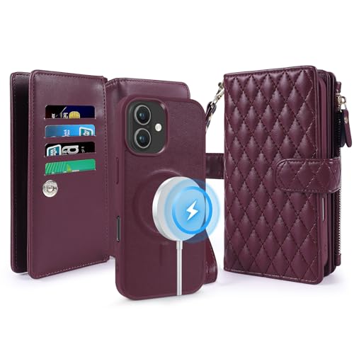 Lacass for iPhone 15/14/13 Case Wallet, Quilted Wine Red