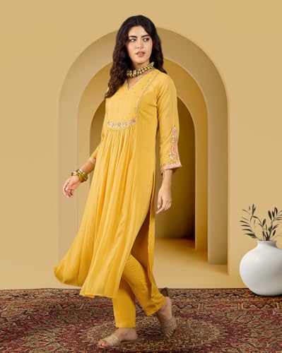 Image of Amazon Brand - Tavasya Women Milky Georgette Zai Sequence Embroide Kurta with Pant Set |Kurta Set|Ethnic Wear|Salwar Suit|3 Piece Set