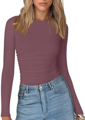 PINKMSTYLE Womens Classic Crew Neck Double Lined Long Sleeve Bodysuit Ruched Slim Fitted Fashion Going Out Fall Tops