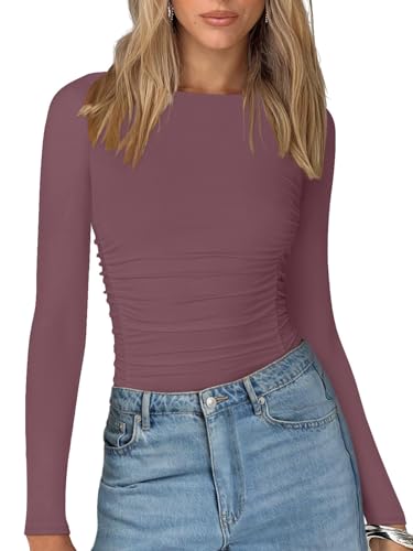 PINKMSTYLE Womens Crew Neck Ruched Long Sleeve Bodysuit Shapewear Corset Tops Sexy Concert Outfits Party Shirts Mauve Red X-Large