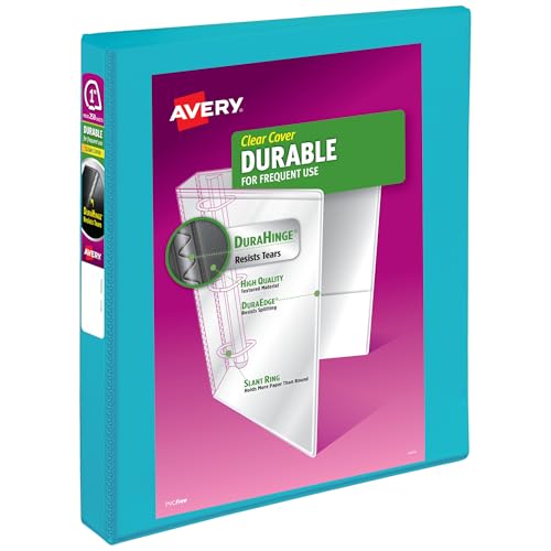 Image of Avery Durable View 3 Ring Binder, 1 Inch Slant Rings, 250-Sheet Capacity, DuraHinge, 1.4 Inch Wide Spine, Customizable Clear Covers and Spine, 1 Bright Aqua Blue Binder (17295)