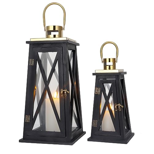 TRIROCKS Set de 2 Lanternes en Bois Décoratives 55 cm & 40 cm Haut, Porte-Bougies Rustiques en...