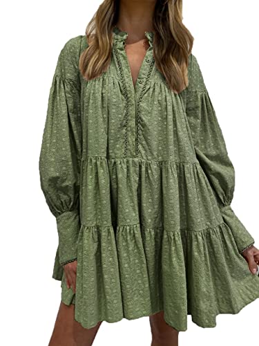 Aox Women Ruffle Sleeve Tunic Midi Dress Flowy Shift Sundress Sweet Babydoll Button Down Swing Skirt (Large, Light Green 202216)