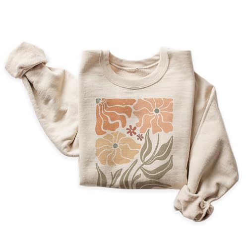 Aurlex Tees Boho Flower Sweatshirt, Wavy Wildflower Sweatshirt, Cute Floral Botanical Sweater, Unisex Graphic Crewneck Sweatshirt Sand4