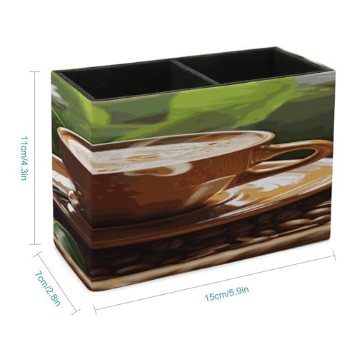 Porte-stylos en cuir premium café et feuilles vertes pour crayons