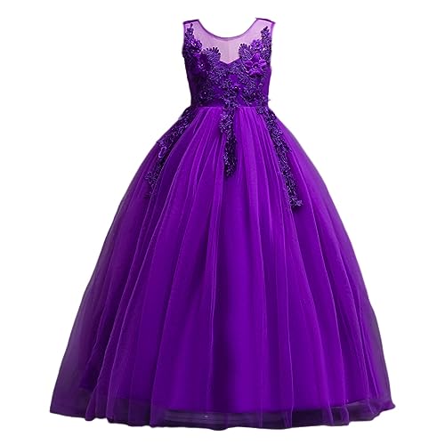DISSA Robe pour Filles Princesse Violet sans Manche Robes de Bal Tulle Robe de Soirée de Mariage Enfants Dentelle 7-8 Ans,D832