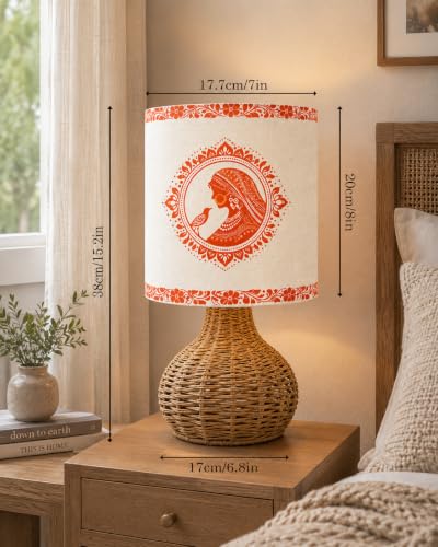 Image of Homesake Handwoven Rattan Table Lamp with Aipan Art Printed Fabric Shade, Decorative Raffia Spinning Bedside Lamp, Boho Table Lamp with E27 Holder, Study, Living Room & Bedroom Decor