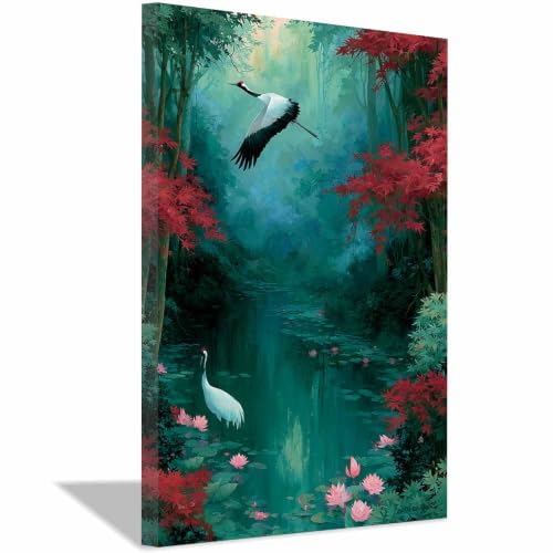 Toile lac de lotuses poster mural grues rouges décoration salon 60x90