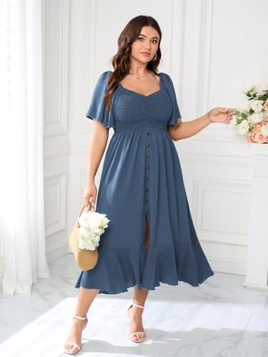 Plus Size Maxi Casual Boho Dress Short Sleeve Smocked Semi Formal Wedding Guest Dresses for Curvy Women Button Down3