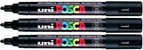 Uni Posca PC-5M Color Negro Rotuladores de Pintura 2.5mm Medio Punta Redonda Punta Escribe en Cualquier Superficie Vidrio Metal Madera Plástico Tela (Paquete de 3)