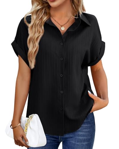 Tanmolo Bluse Damen Sommer Shirt Kurzarm Oberteile V-Ausschnitt Sommerbluse Lässiges Hemd zum Knöpfen Tops Elegantes Damenblusen Schwarz, L