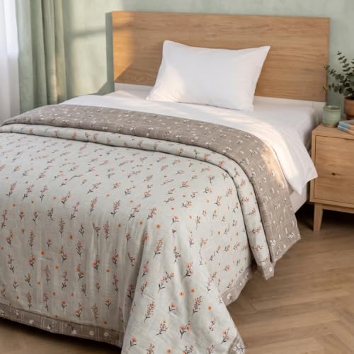 Image of Florida Reversible Cotton Dohar - Single Size (220x160 cm, 90 GSM, Orange Floral Pattern), Soft & Lightweight Blanket for All Seasons, Breathable & Skin‑Friendly Fabric
