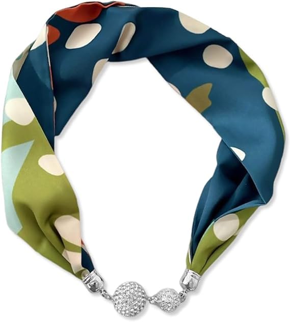 Women Silk Scarf Necklace Magnetic Buckle with Rhinestone Small Neckerchief Clavicle Chain Headdress Pendant Scarf (Color dot)-image-44