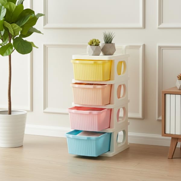 Image of KITCHIVO Heavy Duty Plastic Storage Drawer with Wheels | Modular Cabinet for Bedroom, Office, Home or Classroom| Chest of Drawers Organiser for Cosmetics, Kitchen items, Toys (Multi, 4)