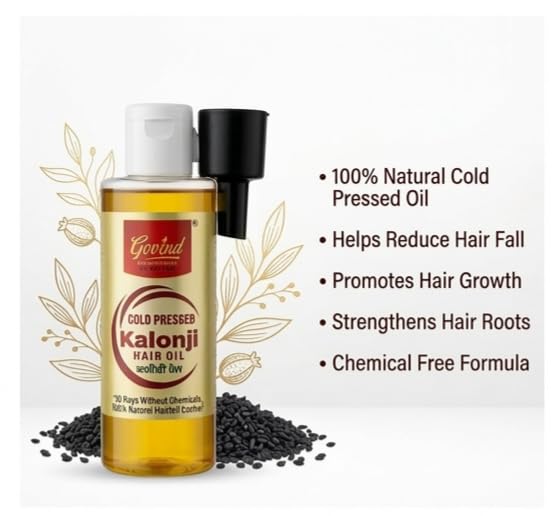 Image of Govind Oils Cold Pressed Kalonji (Black Seed) Oil 100ml - Organic Certified 100% Pure for Hair Growth, Hair Fall
