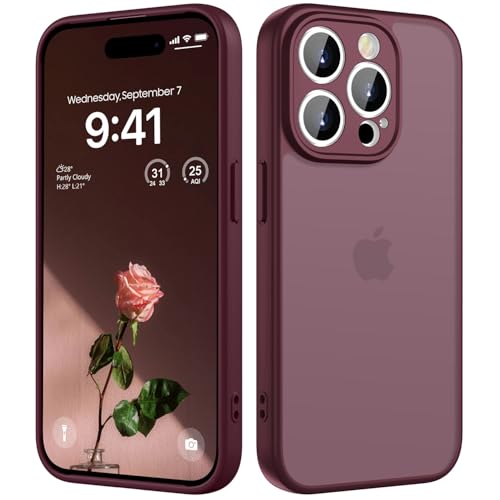 HGH für iPhone 14 Pro Hülle Vollständiger Kameraschutz Stoßfest Kratzfest Anti-Fingerabdruck Transluzente Rückseite Matt Handyhülle für iPhone 14 Pro Case 6 1 Zoll Dunkel Rot
