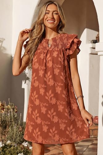 Image of Dokotoo Womens Summer Dresses 2026 Ruffle Short Sleeve Casual V Neck Smocked Floral Burnout Mini Dress Sundress