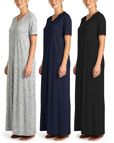 Image of Real Essentials 3 Pack: Women's Soft Maxi Long Nightshirt Short Sleeve Soft Nightgown Sleep Dress (Available in Plus Size)