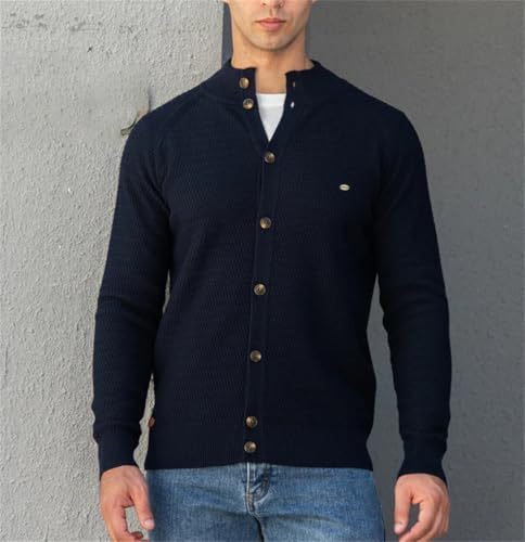 Men Knit Cardigan Cotton Button Mock Neck Sweater Winter3