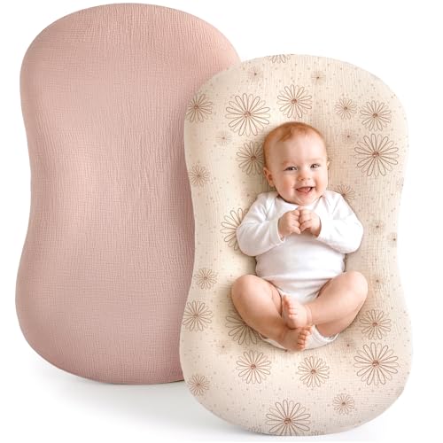 Image of Termichy Baby Lounger Covers Muslin: Soft and Breathable Slipcover for Snuggle Me Lounger - Machine Washable & Zipper-Free for Safe Daily Use - Pink Floral for Girls