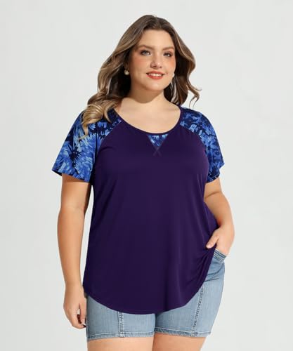 Image of CARCOS Plus Size Tops for Women Short Sleeve Shirt Summer Star /Leopard /Tie Dye /Flower Crewneck Pullover Tunic XL-5XL