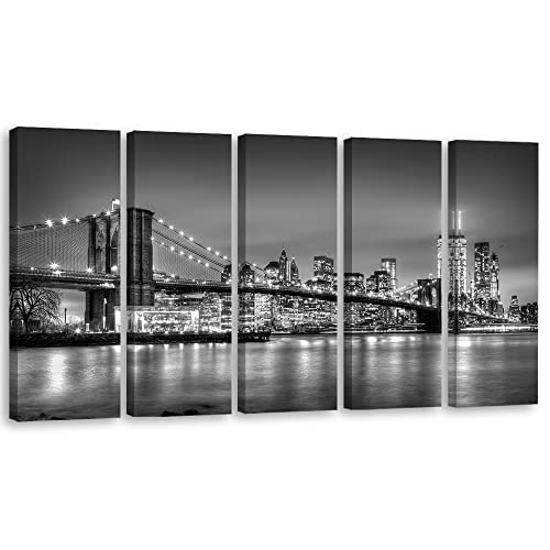 Feeby 5 pièces Impression sur Toile Intissé 100x40 cm Manhattan Le pont de Brooklyn New York Image décoration Murale Design Chambre d'enfant Ciel Immeubles...