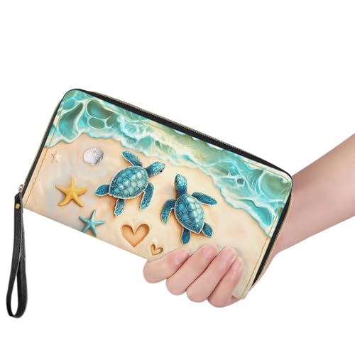 Wanyint Sea Turtle Starfish Beach Women Wallet Purse with Wrist Strap Travel Coin Bag Faux Leather Zipper Closure Clutch Purse Pouch ID Card Holder2