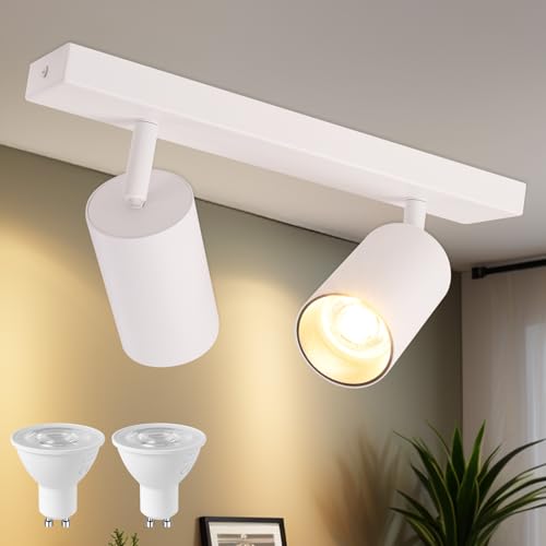【Sorgente luminosa e dimensioni】 La Plafoniera Led contiene 2x LED GU10 5W 3000k bianco caldo 38 ° angolo del fascio 400lm CRI ＞ 80. Dimensioni base: 300x60x20MM, dimensioni per spot: 100 x Ø 60 mm, corpo lampada in alluminio pressofuso di alta qualità, struttura opaca , evidenzia l'eleganza, no Ruggine non distorce.