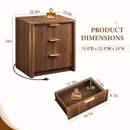 Image of LYNCOHOME 23 inch Fluted Nightstands Set of 2 with Charging Station, 3 Drawer Bedside Table, Modern Night Stand with Curved Edge, Wooden End Table for Bedroom, Rounded Night Stand with Storage, Walnut