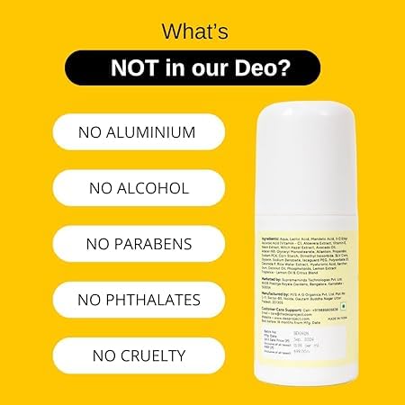 Image of Aluminium-Free Lemon Underarm Roll-On Deodorant, 50ml, Pack of 2 | Prevents Odour, Brightens Skin & Exfoliates Underarm | Unisex - 100 ML