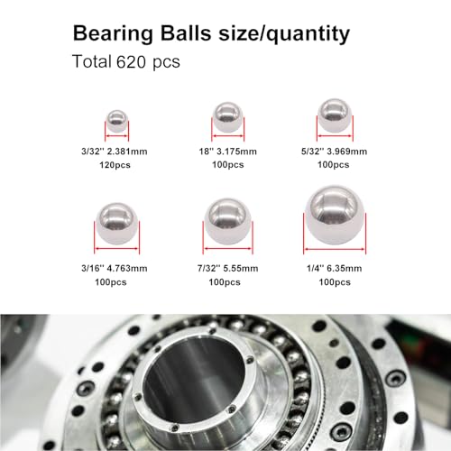 Image of weideer 620pcs Bicycle Bearing Balls Metal Mixing Balls Assortment Kit 1 /4 inch , 7 /32 inch, 3 /16 inch, 5 /32 inch , 1 /8 inch, 3 /32 inch. Precision Steel Balls K-168-620-GE