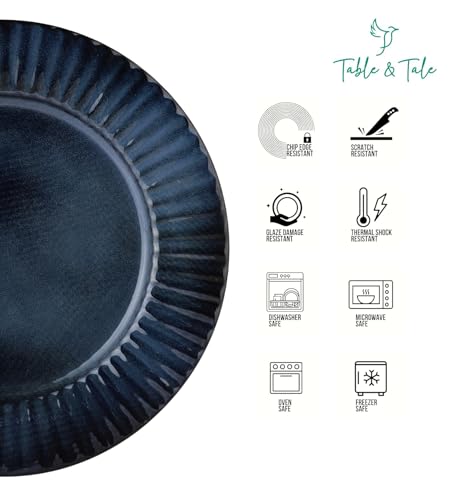 Image of Table & Tale Luxury Porcelain Dinner Plates with Elegant Blue Pattern | Crafted in Sri Lanka | Bone-Ash Free | Scratch and Chip-Resistant | Perfect for gifting | Microwave & Dishwasher Safe | Set of 4