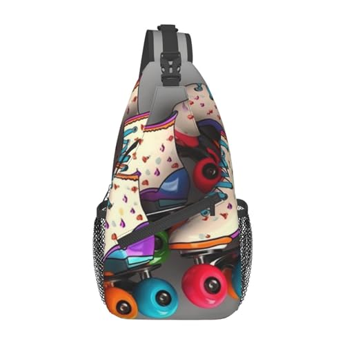 Retro Roller Skates Colorful Print Cross Chest Bag Sling Backpack Crossbody Shoulder Bag Travel Hiking Daypack Unisex