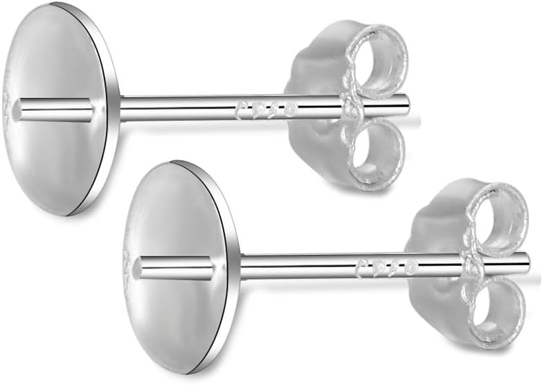 5 Pairs Adabele Authentic Sterling Silver Stud Earring Posts Findings 0.7mm Pin 6mm (0.24 inch) Glue in Pearl Cup 10pcs Earnut Backs for DIY Earrings Jewelry Making SS197