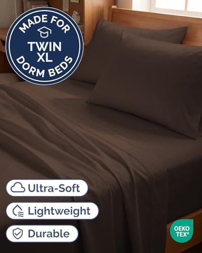 Image of Twin XL 4 Piece Sheet Set - College Dorm Room Essentials - Brown | Ultra Soft Dorm Bedding Set, 8 inch to 16 inch Inch Deep Pockets, 1 Flat & 1 Fitted Sheet & 2 Pillowcases, Wrinkle & Fade Free