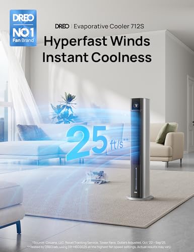 Image of DREO Evaporative Air Swamp Cooler, 43 inch Cooling Fans that Blow Cold Air | 2026 Upgraded 80 Oscillating Floor Fan for Bedroom, Easy Cleaning, APP Control, 4 Speeds 4 Modes, 12H Timer, Silver