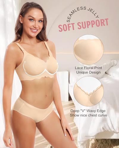 Image of HORISUN Wireless Seamless Bras for Women No Underwire Wavy V Neck Soft Support Full Coverage Comfortable Bra