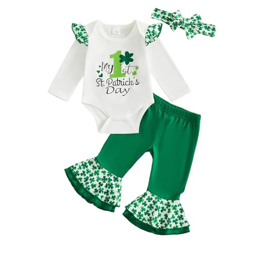 Summffie My First St Patricks Day Baby Girl Outfit Newborn Long Sleeve Romper + Clover Bell Bottoms + Headband Spring Clothes (My 1st St Patricks Day Green, 3-6 Months)