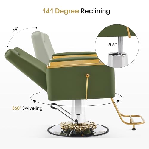 BarberPub Luxurious Barber Chair with Heavy-Duty Hydraulic Pump, Adjustable Reclining Salon Chair for Hair Stylist, Gold&Black Hair Styling Chair, Barbershop 8623 (Green)
