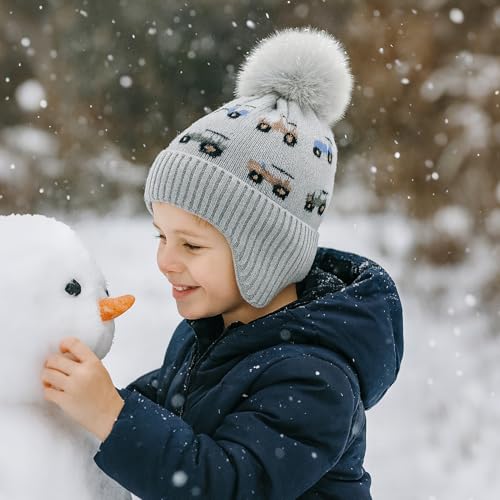 Image of ACTLATI Kids Beanie with Ear Flaps for Boys Girls Pom Knit Hats Fleece Lining Winter Outdoor Skull Snow Ski Cap Age 2-10