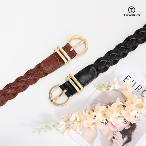 2 Pack Women's Skinny Braided Leather Belts Thin Woven Waist Belts for Jeans Pants Dresses3