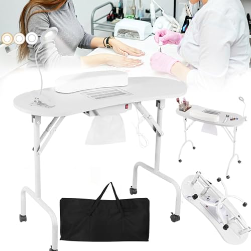Mesa Uñas, Mesa Manicura Plegable Mesa Manicura Con Ventosa 90x44x72cm Mesa Manicura Con Aspirador Uñas Mesa Manicura Móvil Con LáMpara De Uñas Con Clip LED USB Regulable Bolsa Transporte 4 Ruedas