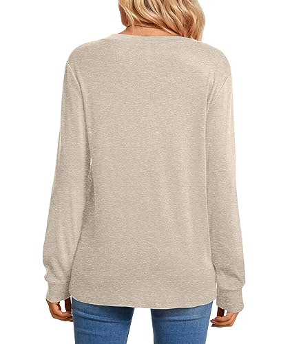 Aodemo Womens Plus Size Fall Long Sleeve Tunic Tops V Neck Henley Shirts Loose Fit Blouses Winter Sweaters XL, Beige