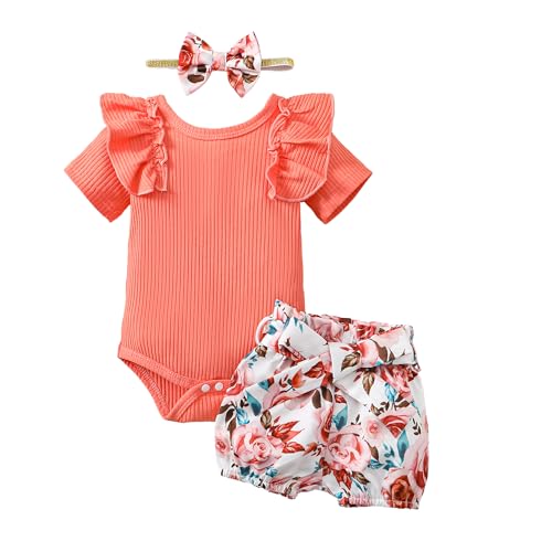 Image of Saeaby Newborn Baby Girl Summer Clothes Infant Girl Outfit Ruffle Romper Short Set Cute Baby Clothes for Girl